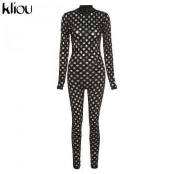 See Through Hollow Out Sexy Zipper Jumpsuit Women Turtleneck Net Plaid Hole Skinny Elastic Club